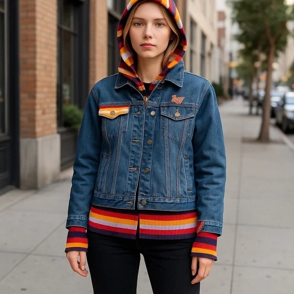 Roca Wear Jr Girls XXL Blue Denim Jean Jacket W/ Hood Knit Multi-Colored Accents - Picture 2 of 8